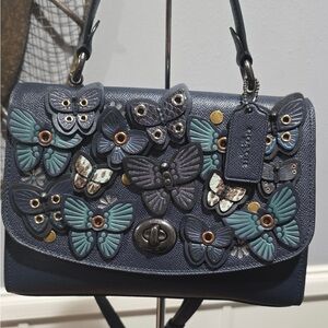Coach Blue and Black Butterfly Embellished Shoulder Bag
